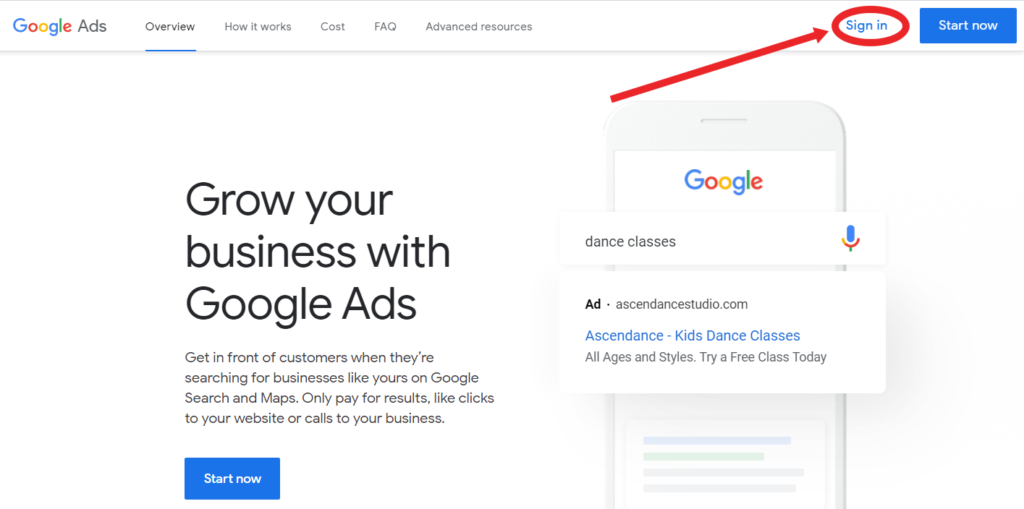 Signing in to Google ads account screen