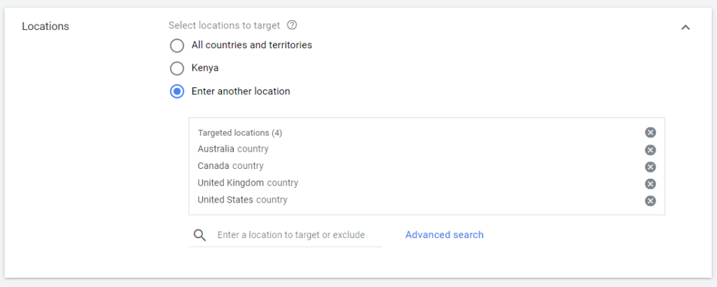 location screen on Google Ads screen