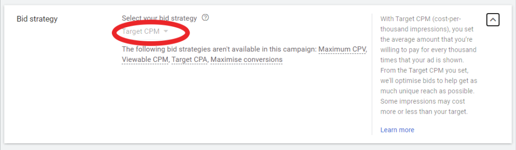 The bid-strategy screen screen on Google Ads account
