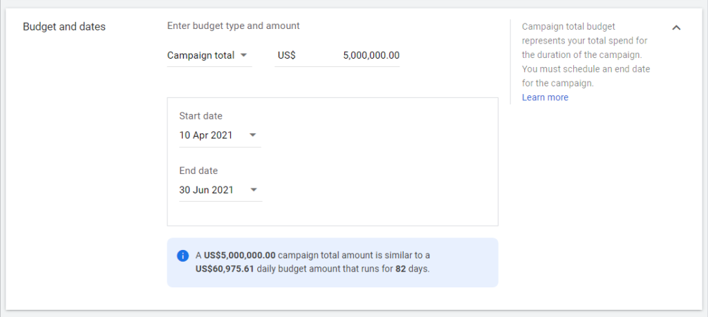 budget and date screen on Google Ads account