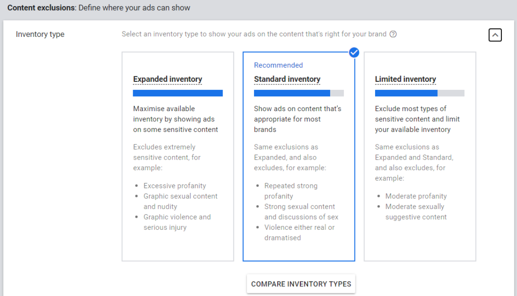Inventory type screen of Google Ads account
