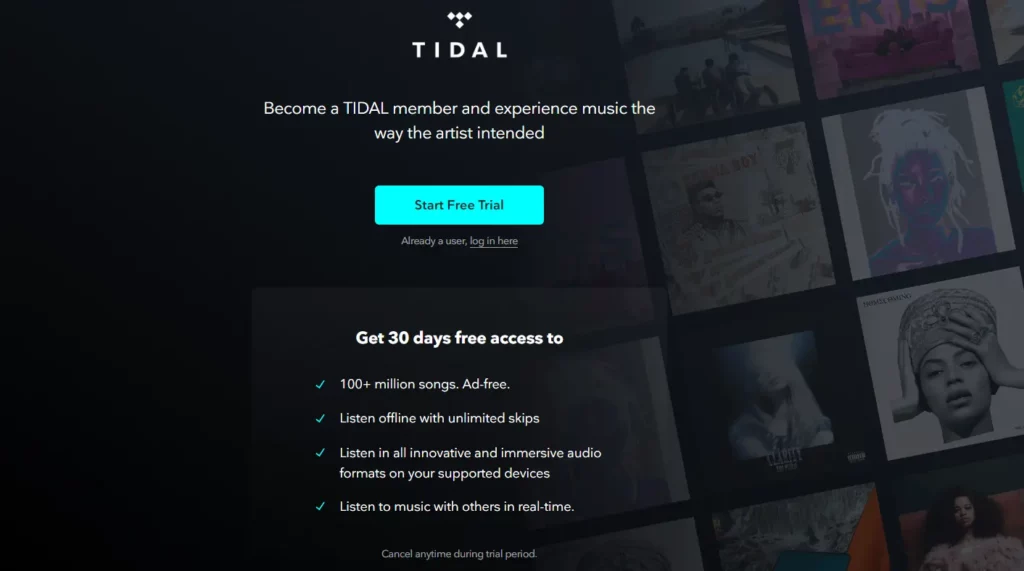 landing page example from Tidal